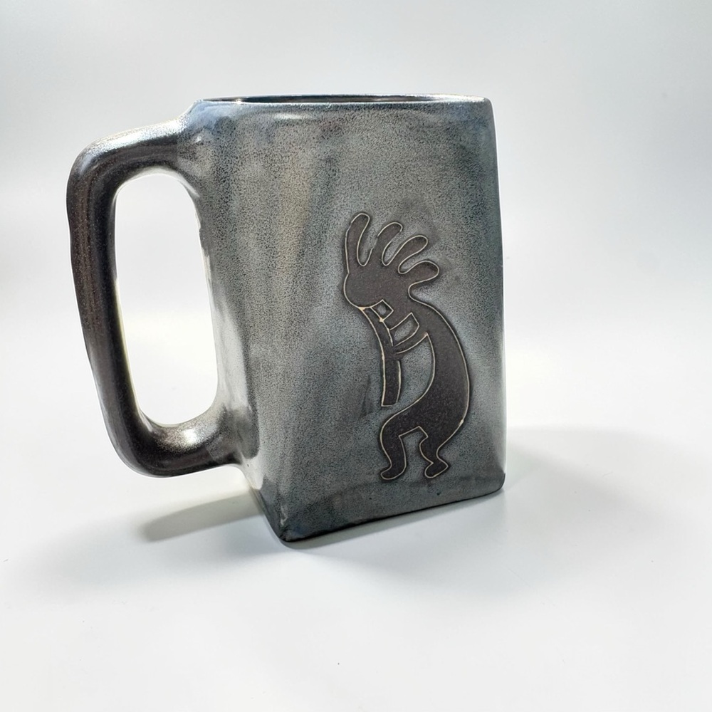 Mara Mexico Kokopelli Blue Heavy Pottery Square Mug Cup Hand Crafted Signed - Picture 2 of 6